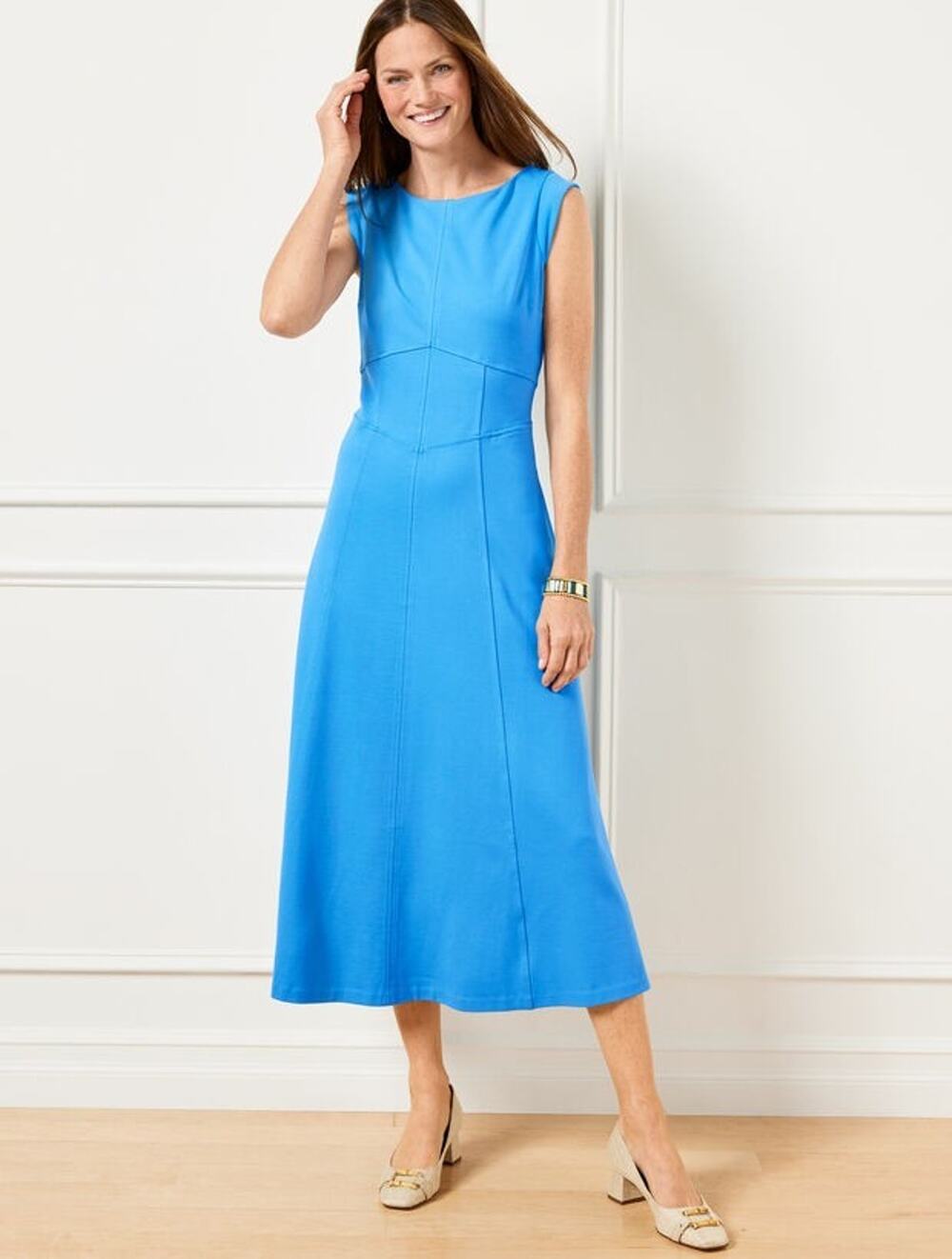 Talbots Dress Womens 18 2X Blue Midi Ponte Knit Jewel Neck Office Pocket Empire